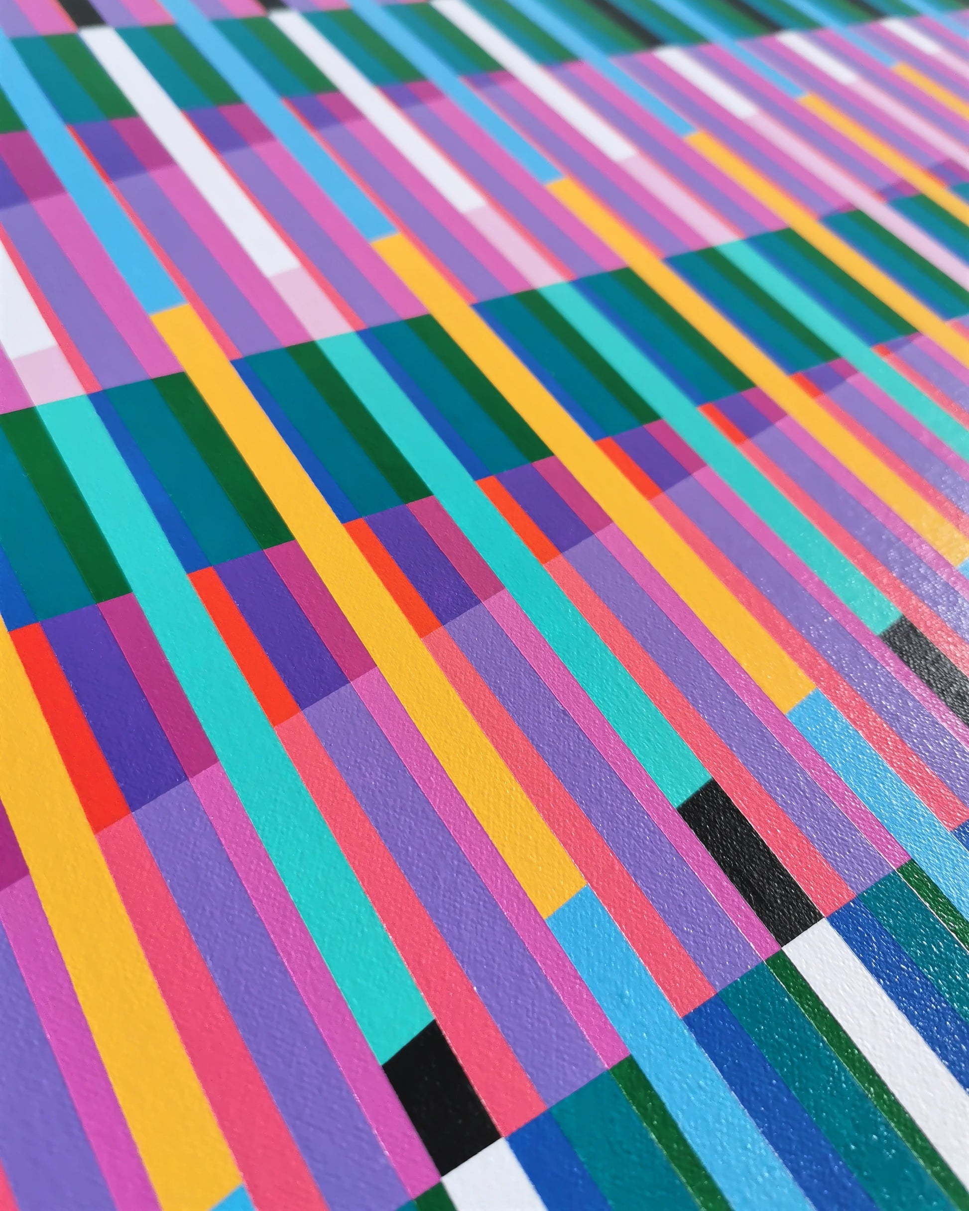 Detail of colourful geometric painting with horizontal and vertical lines