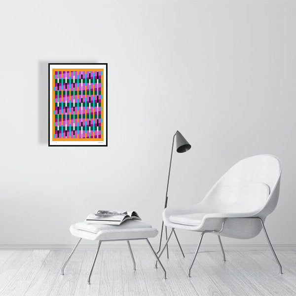 Modern interior featuring a vibrant Lux Series abstract print by Victoria Mardon, displayed on a white wall with minimalist white furniture.
