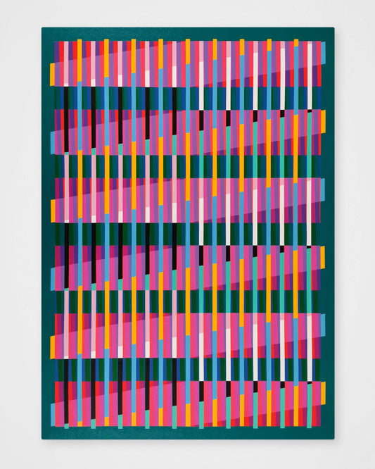 “Lux Turquoise” – abstract painting with a colourful geometric pattern on a bold turquoise background. Original artwork by Victoria Mardon, 100 x 70 cm.