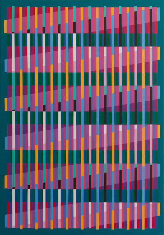 “Lux Turquoise” – abstract painting with a colourful geometric pattern on a bold turquoise background. Original artwork by Victoria Mardon, 100 x 70 cm.