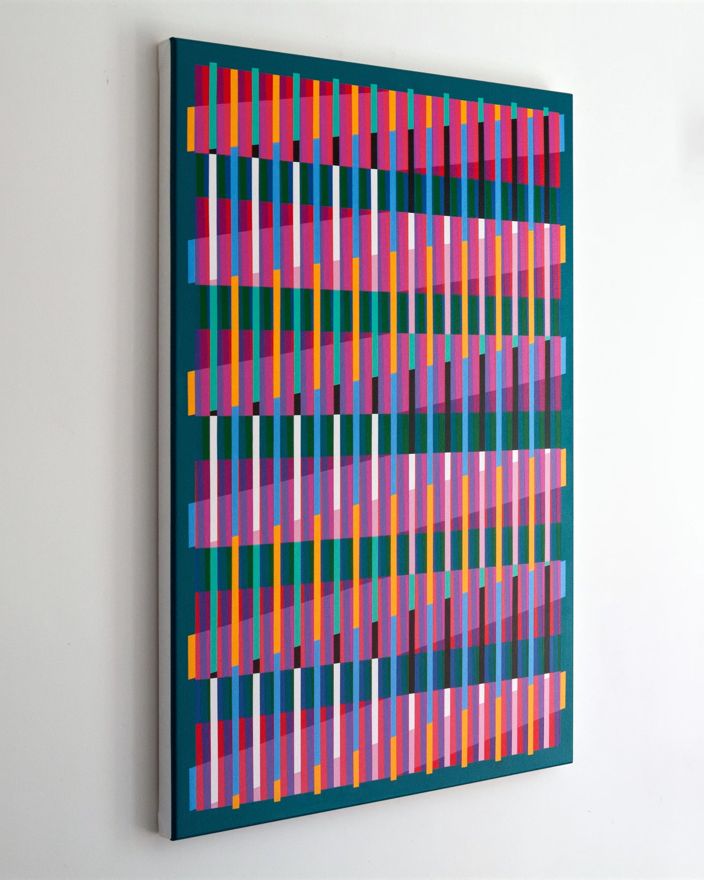Left side view of “Lux Turquoise” – abstract painting with a colourful geometric pattern on a turquoise background.