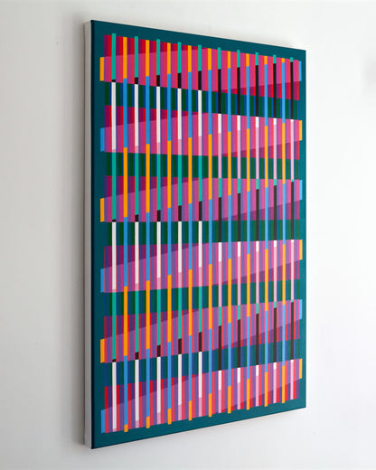 Left side view of “Lux Turquoise” – abstract painting with a colourful geometric pattern on a turquoise background.