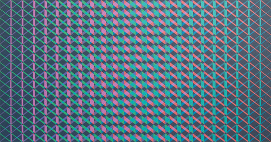 “Metamorphosis Pink to Turquoise” – an intricate abstract painting with complex geometric patterns and diagonal lines in pink and green on a dark background.