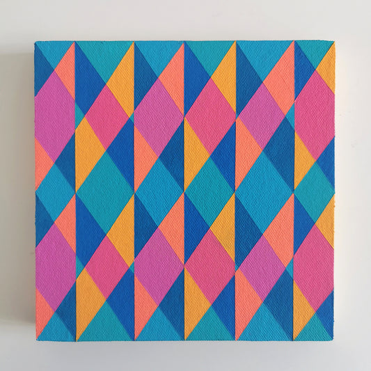 “N1 PG7/PB15:3 – PB15:3/PG7” – small abstract canvas painting with a geometric pattern in blue, pink and orange on a white background. Part of the B.E.L.O.N.G.I.N.G modular series by Victoria Mardon.