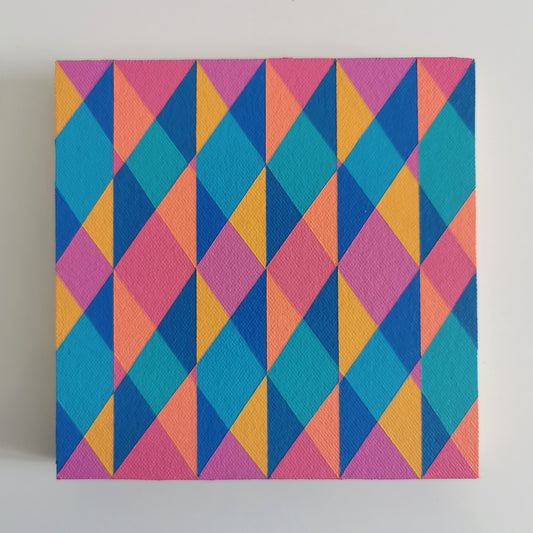 “N1 PV19 PR122” – small abstract canvas painting with a geometric pattern in pink, teal and yellow on a white background. Part of the B.E.L.O.N.G.I.N.G modular series by Victoria Mardon.