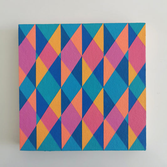 “N2 PG7/PB15:3 – PB15:3/PG7” – small abstract canvas painting with a geometric pattern in blue, pink and orange on a white background. Part of the B.E.L.O.N.G.I.N.G modular series by Victoria Mardon.