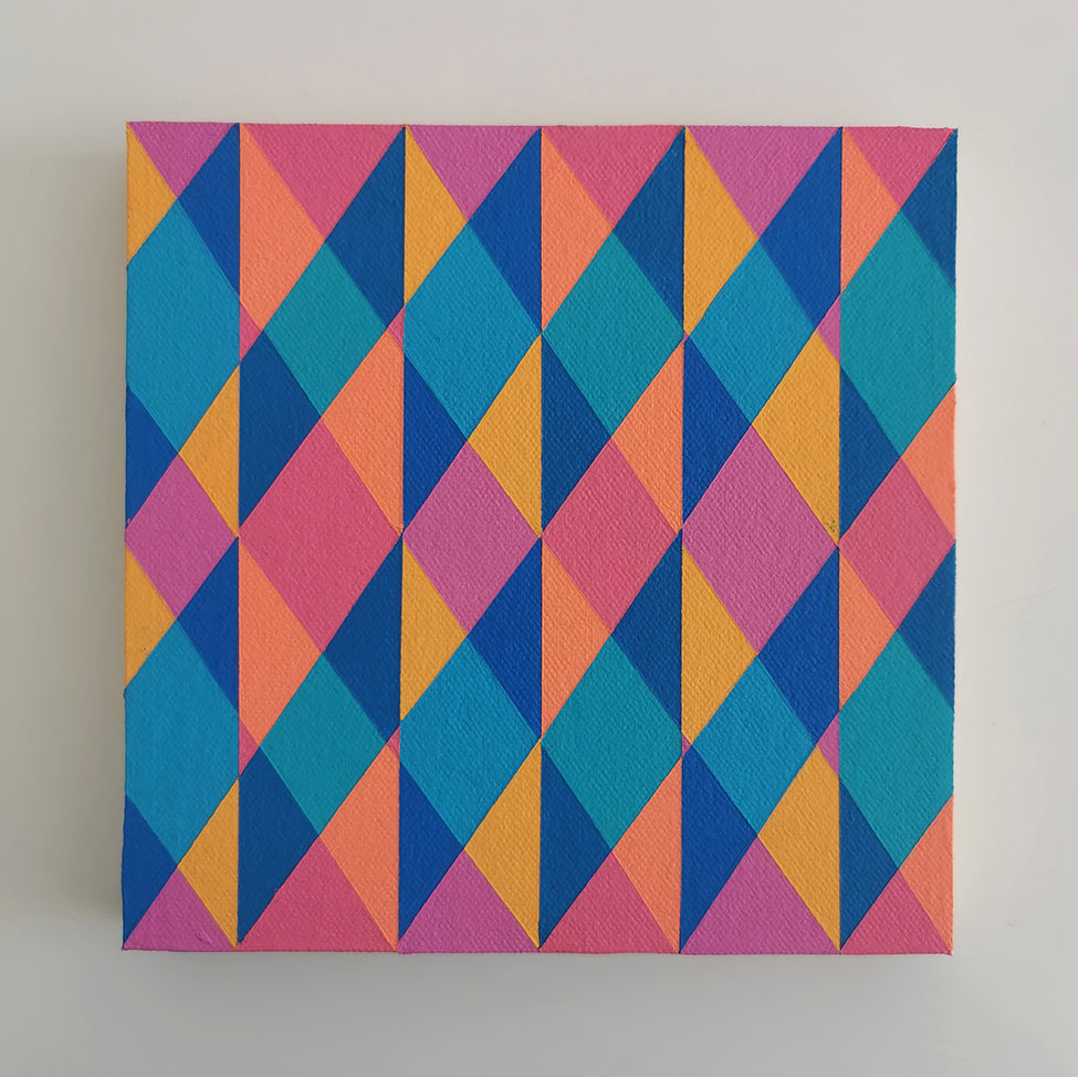“N2 PV19 PR122” – small abstract canvas painting with a geometric pattern in pink, teal and yellow on a white background. Part of the B.E.L.O.N.G.I.N.G modular series by Victoria Mardon.