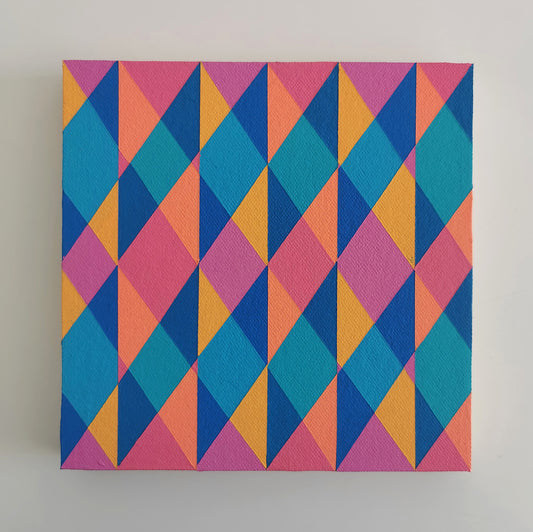 “N2 PV19 PR122” – small abstract canvas painting with a geometric pattern in pink, teal and yellow on a white background. Part of the B.E.L.O.N.G.I.N.G modular series by Victoria Mardon.