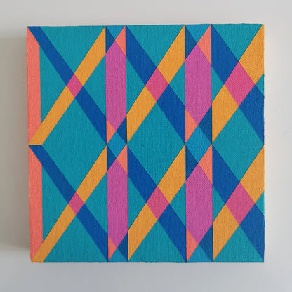 “O PG7/PB15:3 – PB15:3/PG7” – small abstract canvas painting with a geometric pattern in blue, pink and orange on a white background. Part of the B.E.L.O.N.G.I.N.G modular series by Victoria Mardon.