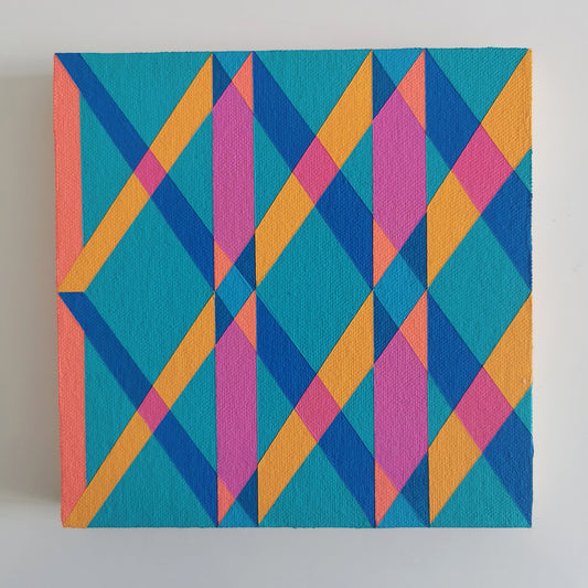 “O PG7/PB15:3 – PB15:3/PG7” – small abstract canvas painting with a geometric pattern in blue, pink and orange on a white background. Part of the B.E.L.O.N.G.I.N.G modular series by Victoria Mardon.