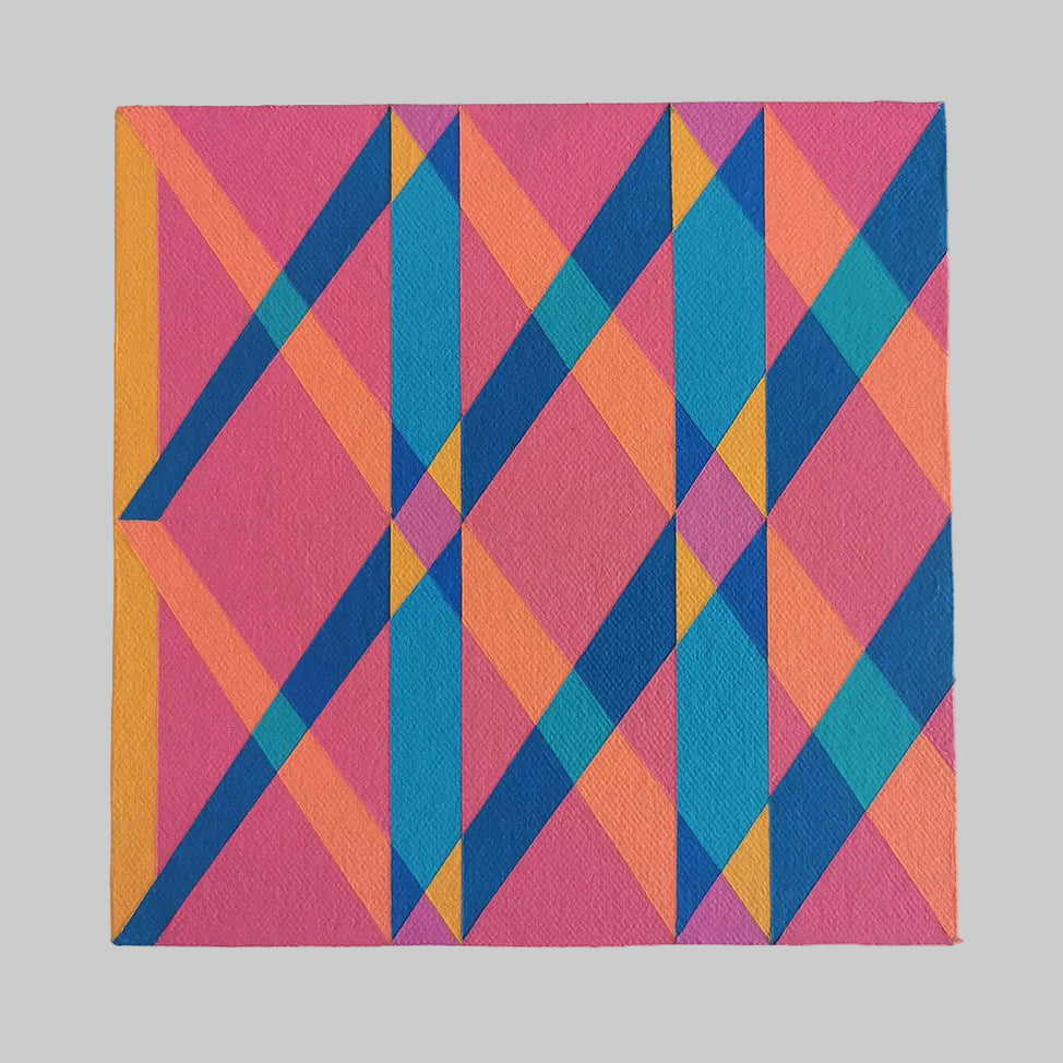 “O PV19 PR122” – small abstract canvas painting with a geometric pattern in pink, teal and yellow on a white background. Part of the B.E.L.O.N.G.I.N.G modular series by Victoria Mardon.