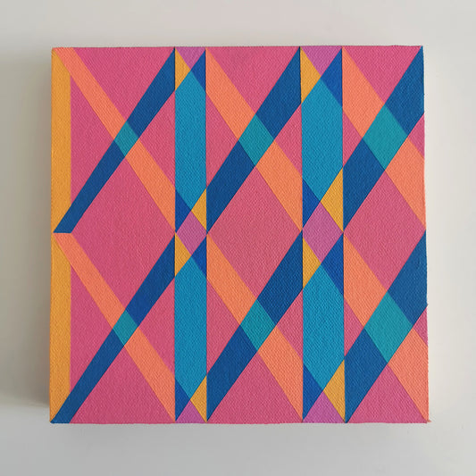 “O PV19 PR122” – small abstract canvas painting with a geometric pattern in pink, teal and yellow on a white background. Part of the B.E.L.O.N.G.I.N.G modular series by Victoria Mardon.