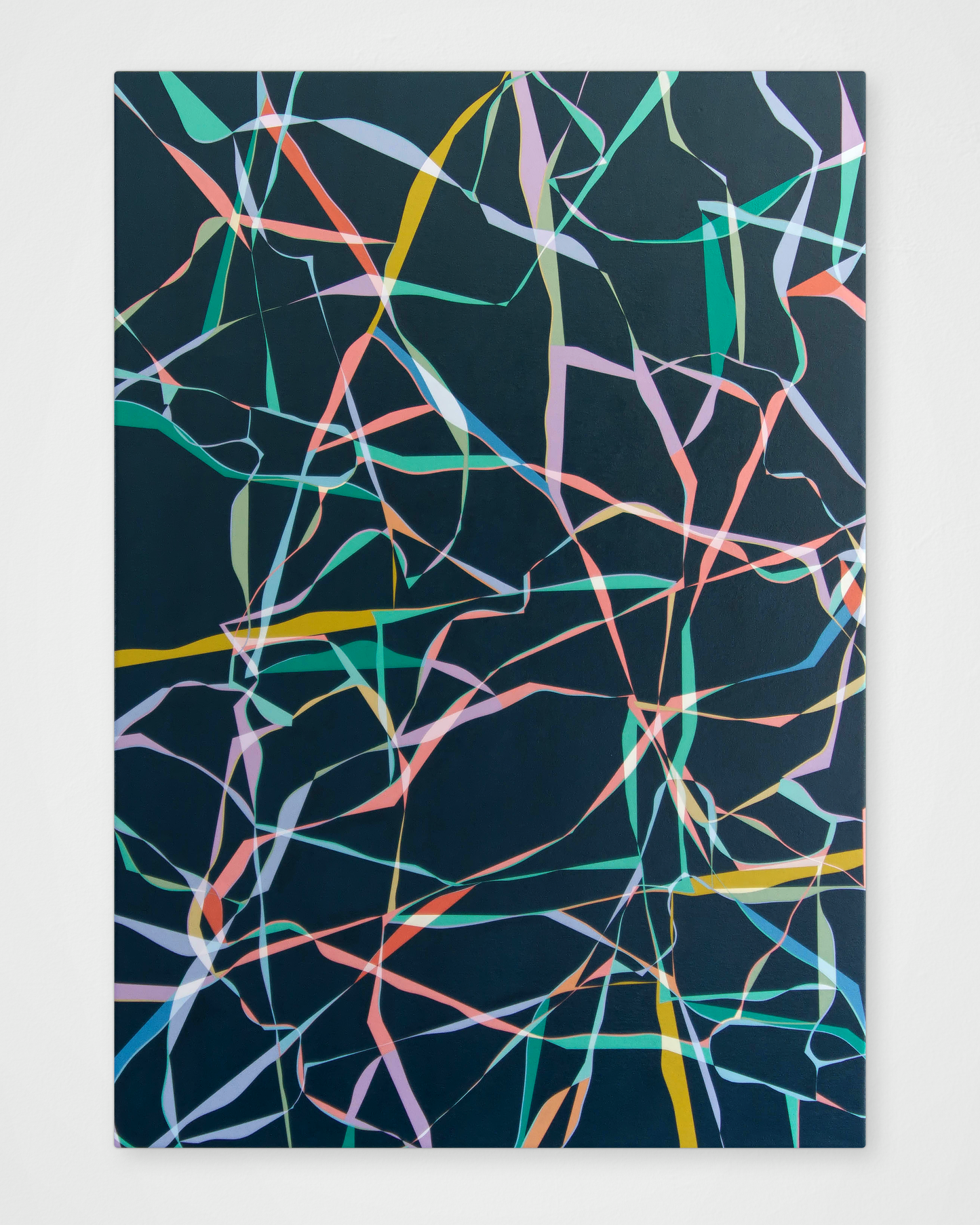 “Pace” – an abstract painting by Victoria Mardon featuring twisting ribbons of colour on a dark background. A dynamic departure from her usual geometric work.