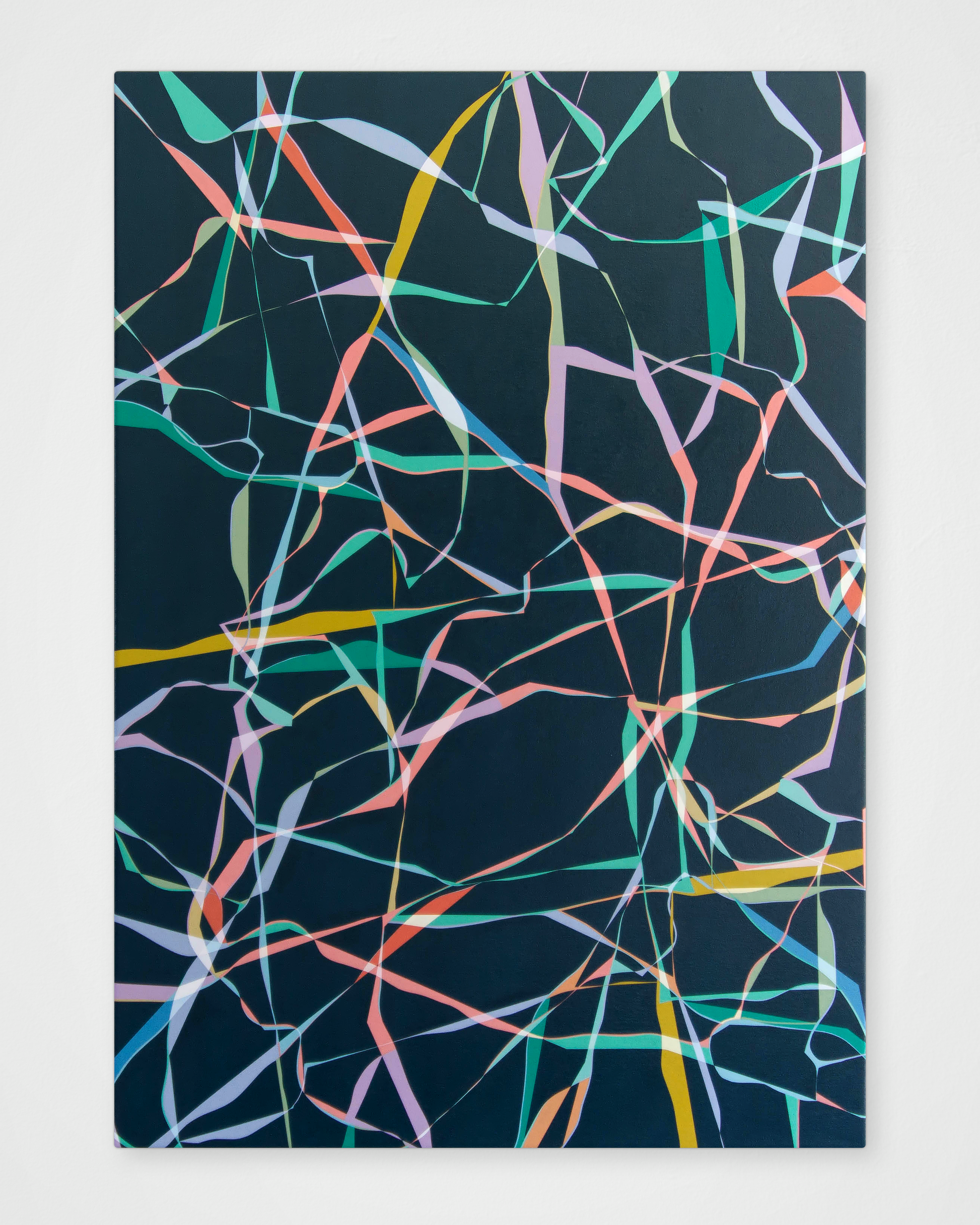 “Pace” – an abstract painting by Victoria Mardon featuring twisting ribbons of colour on a dark background. A dynamic departure from her usual geometric work.