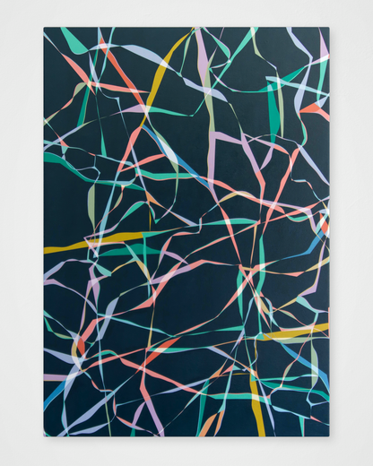 “Pace” – an abstract painting by Victoria Mardon featuring twisting ribbons of colour on a dark background. A dynamic departure from her usual geometric work.