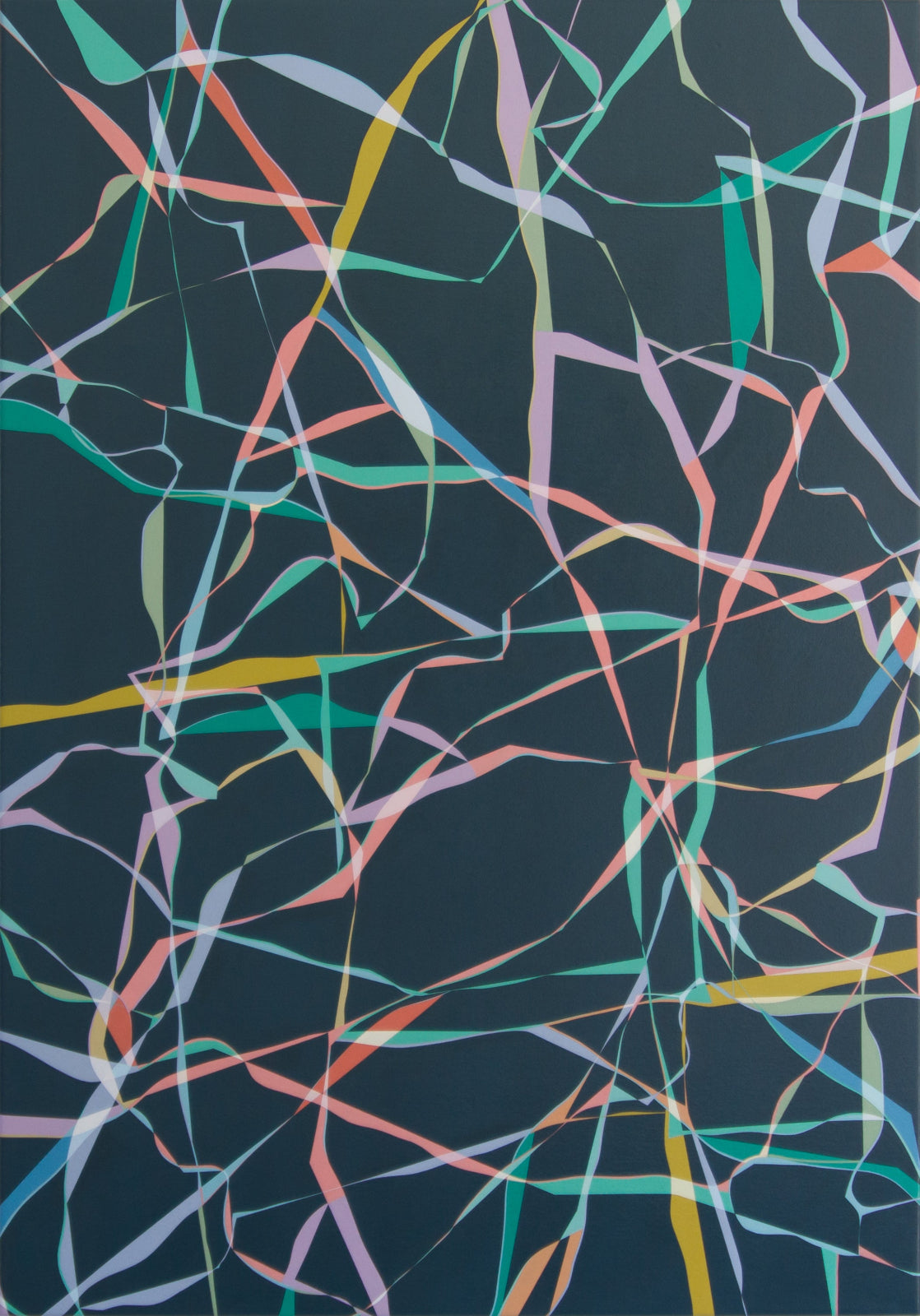“Pace” – an abstract painting by Victoria Mardon featuring twisting ribbons of colour on a dark background. A dynamic departure from her usual geometric work.