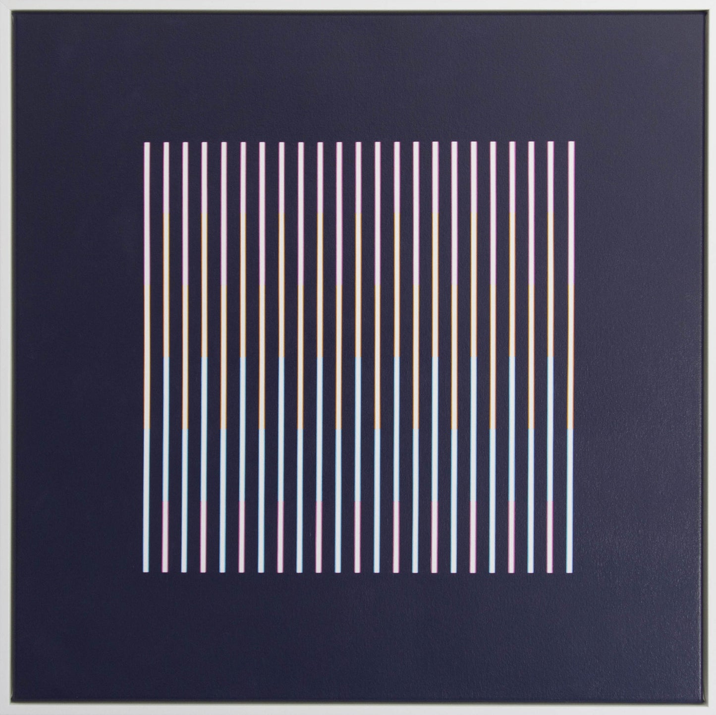 “Rainbow in the Dark (Dark)” – framed abstract artwork featuring vertical black and coloured bars on a white background. A bold, minimalist composition with optical effects.
