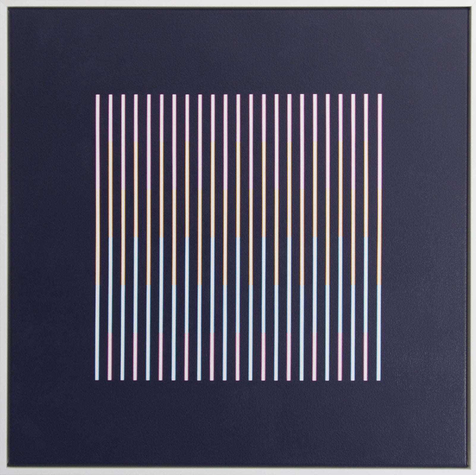 “Rainbow in the Dark (Dark)” – framed abstract artwork featuring vertical black and coloured bars on a white background. A bold, minimalist composition with optical effects.