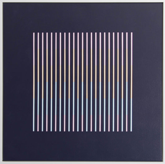 “Rainbow in the Dark (Dark)” – framed abstract artwork featuring vertical black and coloured bars on a white background. A bold, minimalist composition with optical effects.