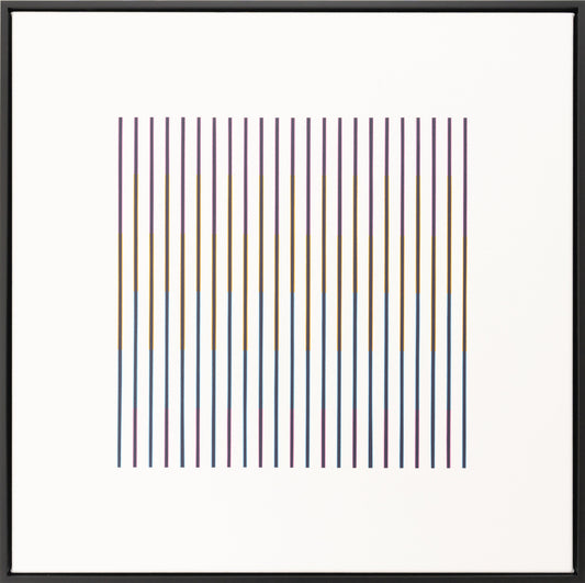 “Rainbow in the Dark (Light)” – framed abstract artwork featuring vertical black and coloured bars on a white background. A bold, minimalist composition with optical effects.