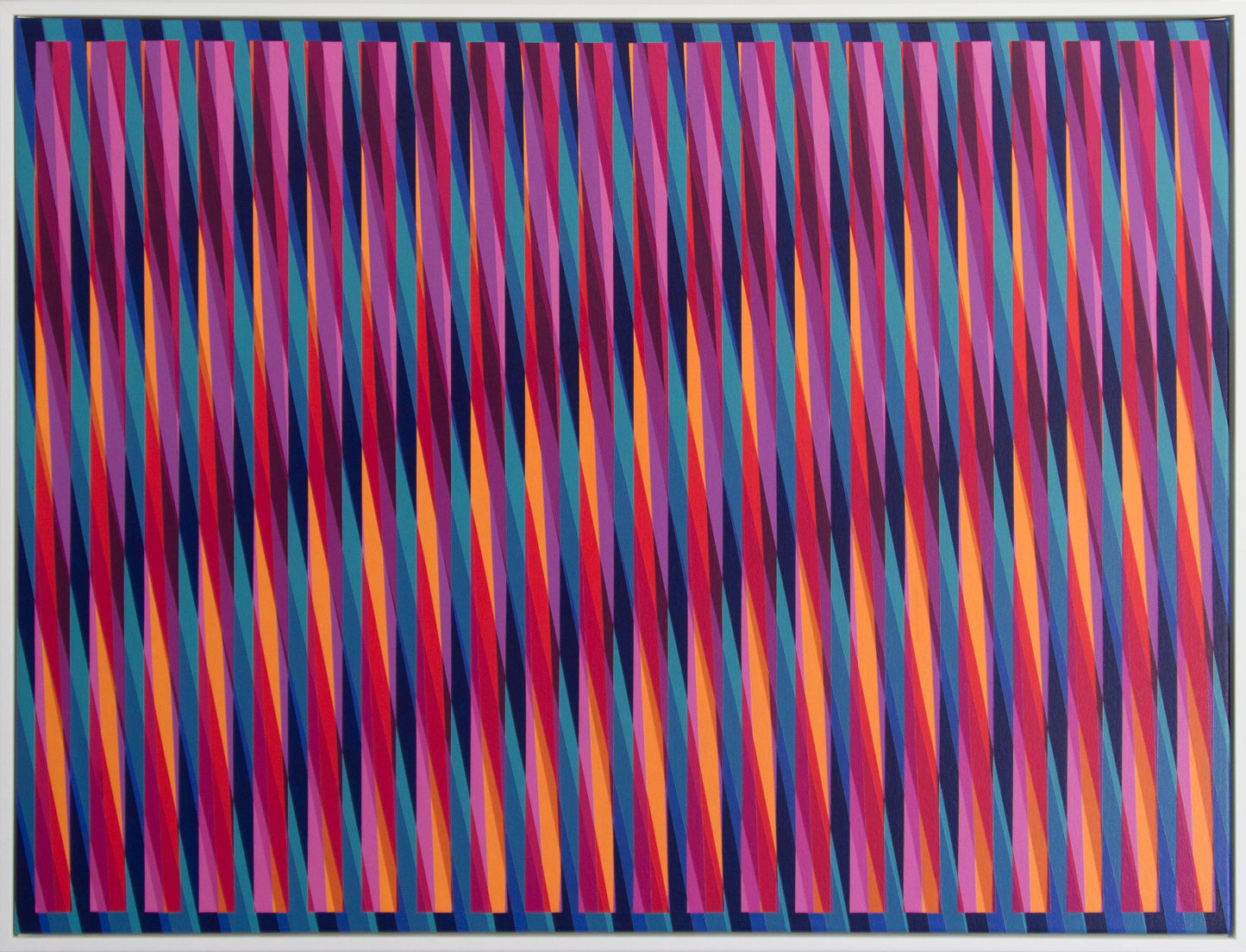 “Summer Daze” – colourful abstract artwork with vibrant stripes set against a blue background. Playful and lively composition.