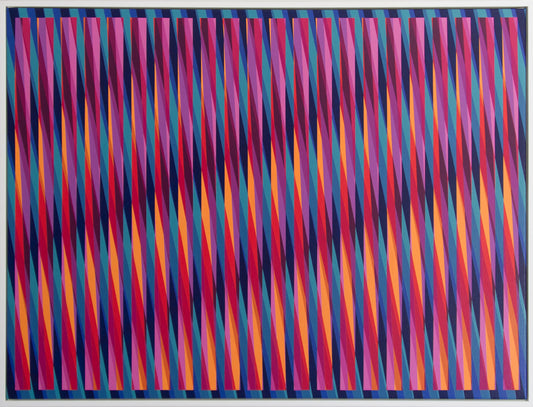 “Summer Daze” – colourful abstract artwork with vibrant stripes set against a blue background. Playful and lively composition.