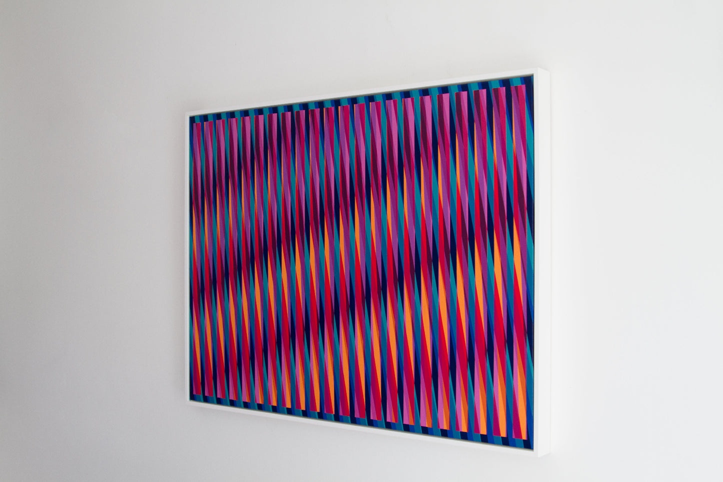 Side view of “Summer Daze” – colourful abstract artwork with vibrant stripes on a blue background, viewed from the right. 