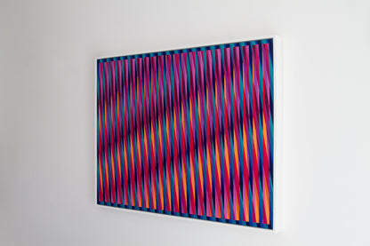 Side view of “Summer Daze” – colourful abstract artwork with vibrant stripes on a blue background, viewed from the right. 