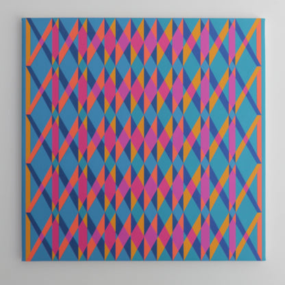 "Gateways to Now (Blue)" — geometric metamorphosing pattern in blue, pink, and orange on a blue background.