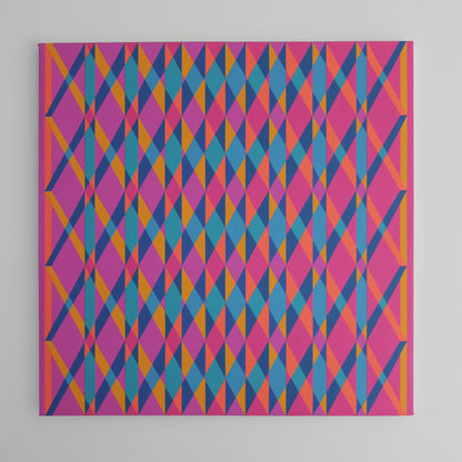 "Gateways to Now (Pink)" — geometric metamorphosing pattern in blue, pink, and orange on a blue background.