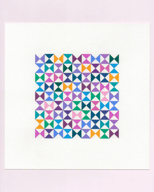 Bold, graphic multicoloured abstract painting with repeating geometric shapes, 2 July (002/365) by Victoria Mardon, 365: A Year in Colour series.