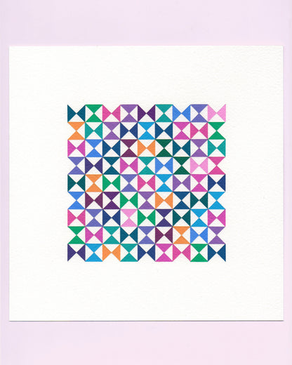 Bold, graphic multicoloured abstract painting with repeating geometric shapes, 7 August (038/365) by Victoria Mardon, 365: A Year in Colour series.
