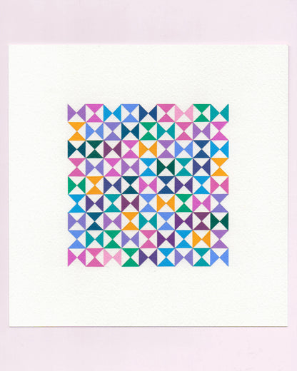 Bold, graphic multicoloured abstract painting with repeating geometric shapes, 12 July (012/365) by Victoria Mardon, 365: A Year in Colour series.