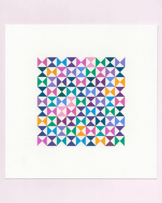 Bold, graphic multicoloured abstract painting with repeating geometric shapes, 14 July (014/365) by Victoria Mardon, 365: A Year in Colour series.