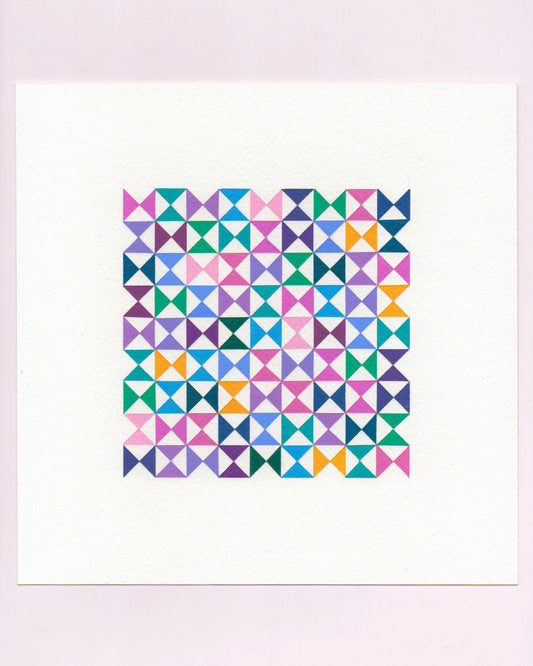 Bold, graphic multicoloured abstract painting with repeating geometric shapes, 16 July (016/365) by Victoria Mardon, 365: A Year in Colour series.