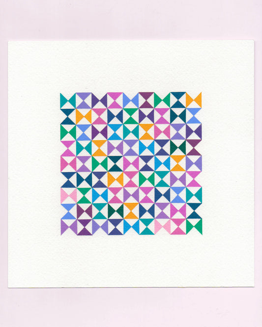 Bold, graphic multicoloured abstract painting with repeating geometric shapes, 19 July (019/365) by Victoria Mardon, 365: A Year in Colour series.