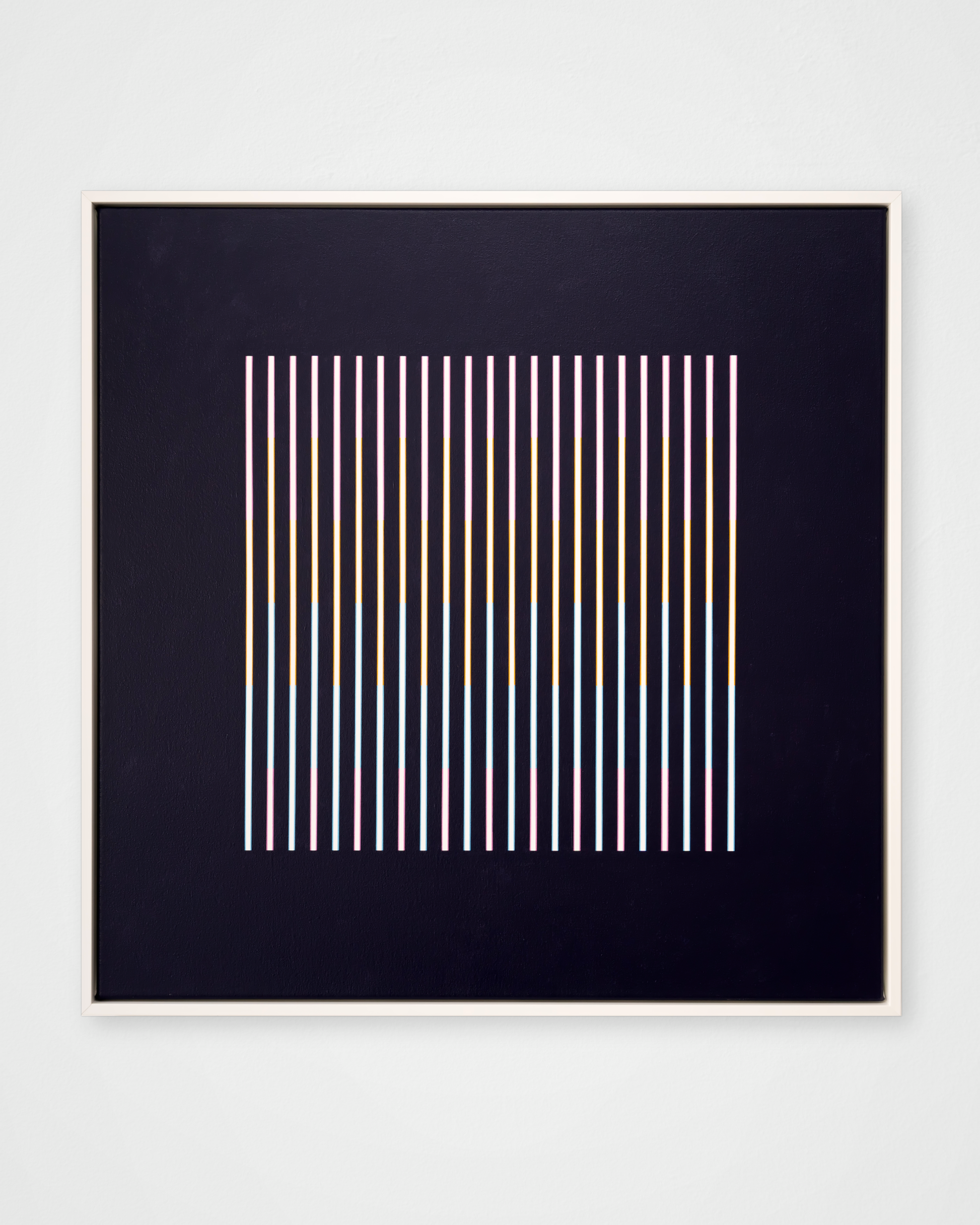 “Rainbow in the Dark (Dark)” – framed abstract artwork featuring vertical black and coloured bars on a white background. A bold, minimalist composition with optical effects.