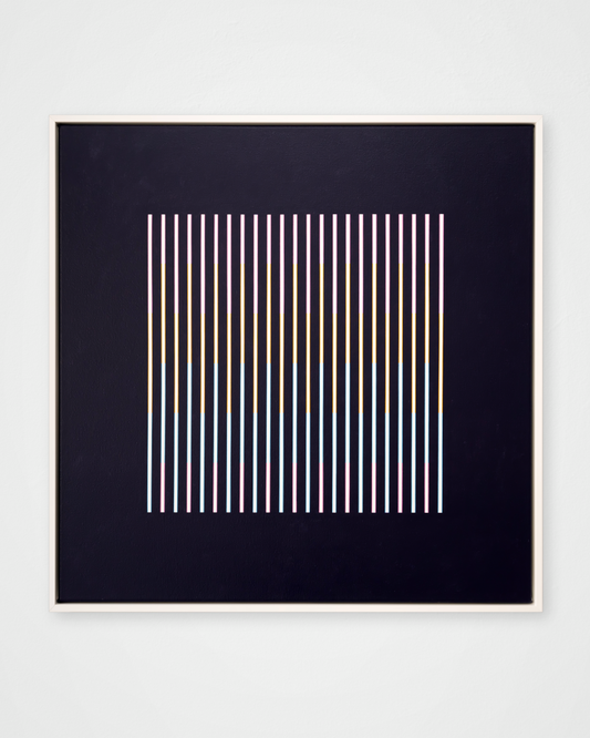 “Rainbow in the Dark (Dark)” – framed abstract artwork featuring vertical black and coloured bars on a white background. A bold, minimalist composition with optical effects.