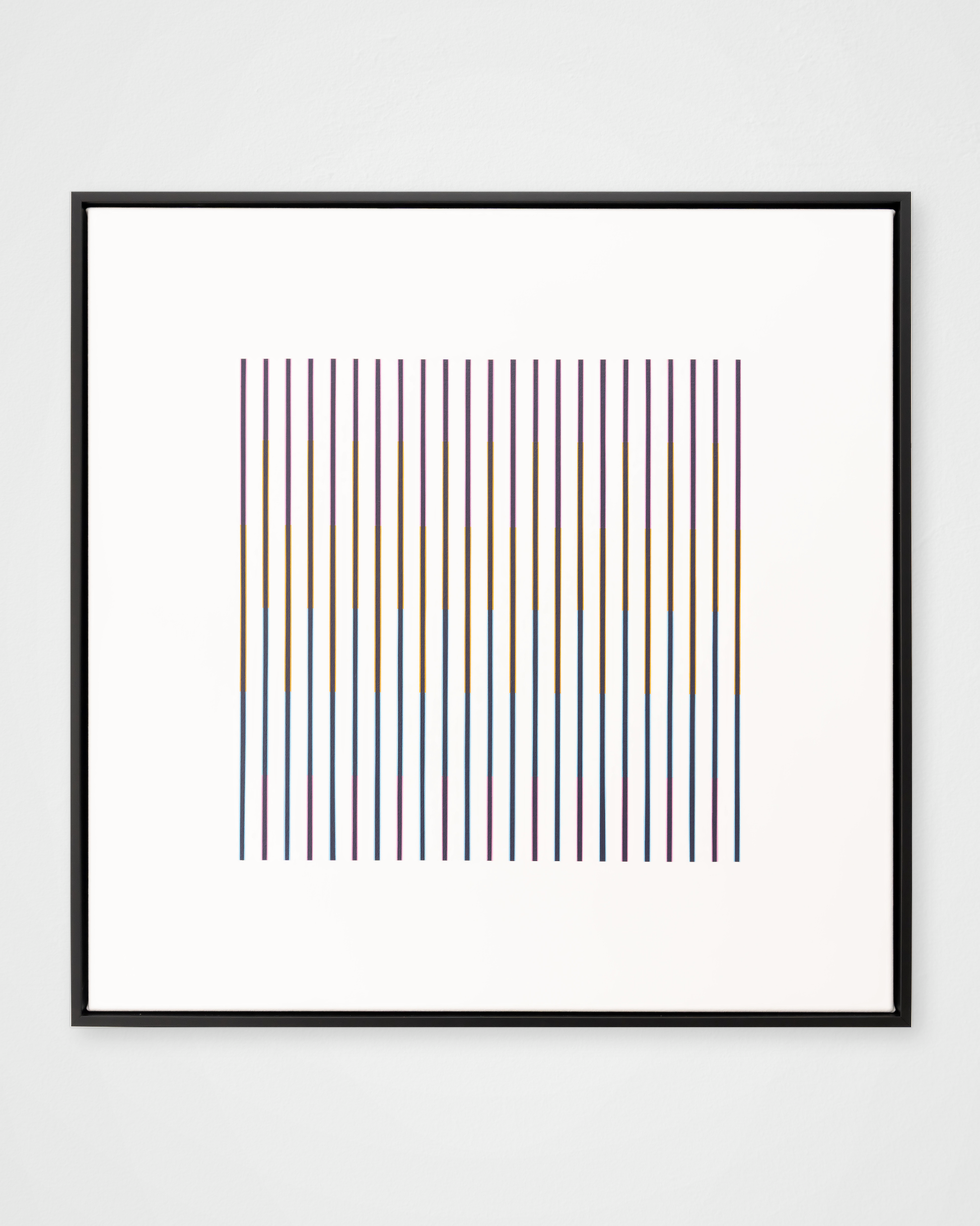 “Rainbow in the Dark (Light)” – framed abstract artwork featuring vertical black and coloured bars on a white background. A bold, minimalist composition with optical effects.