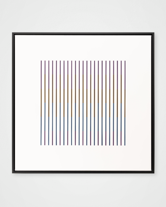 “Rainbow in the Dark (Light)” – framed abstract artwork featuring vertical black and coloured bars on a white background. A bold, minimalist composition with optical effects.