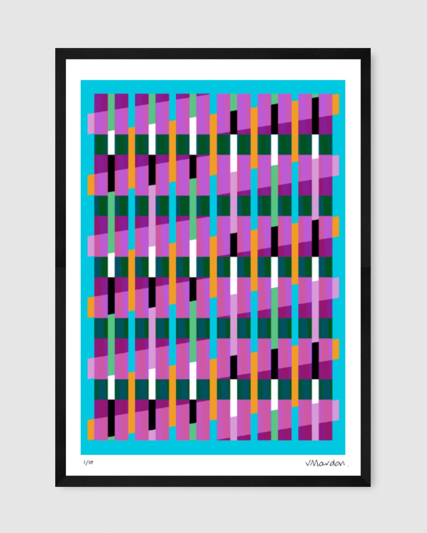 Blue geometric abstract giclée print by Victoria Mardon in a black frame displayed on a white wall