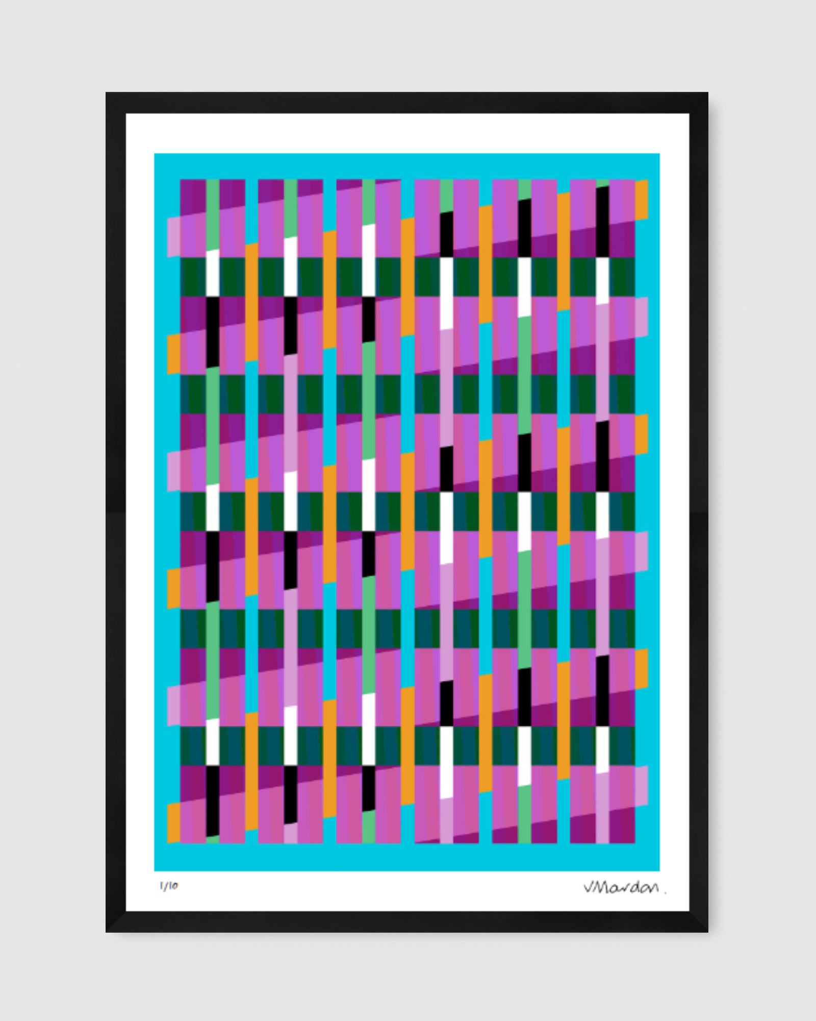 Blue geometric abstract giclée print by Victoria Mardon in a black frame displayed on a white wall