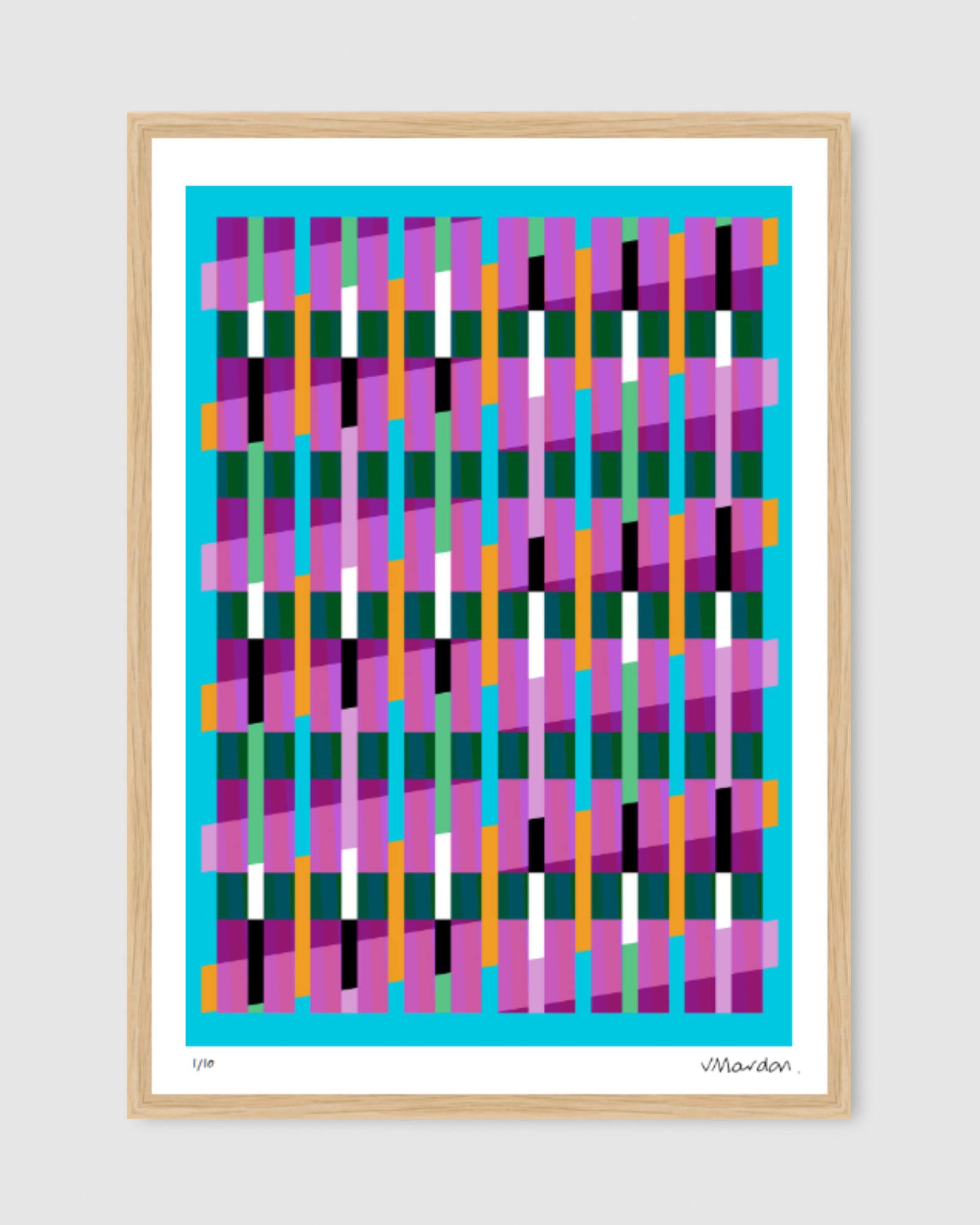 Blue geometric abstract giclée print by Victoria Mardon in an oak frame displayed on a white wall