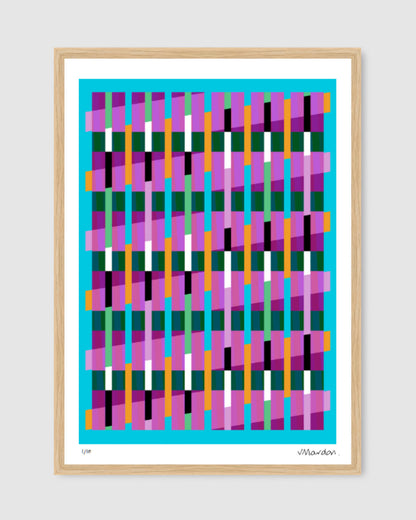 Blue geometric abstract giclée print by Victoria Mardon in an oak frame displayed on a white wall