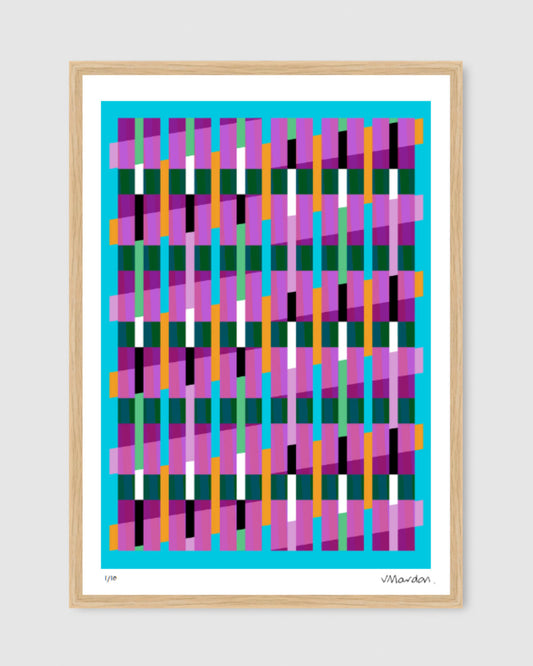 Blue geometric abstract giclée print by Victoria Mardon in an oak frame displayed on a white wall