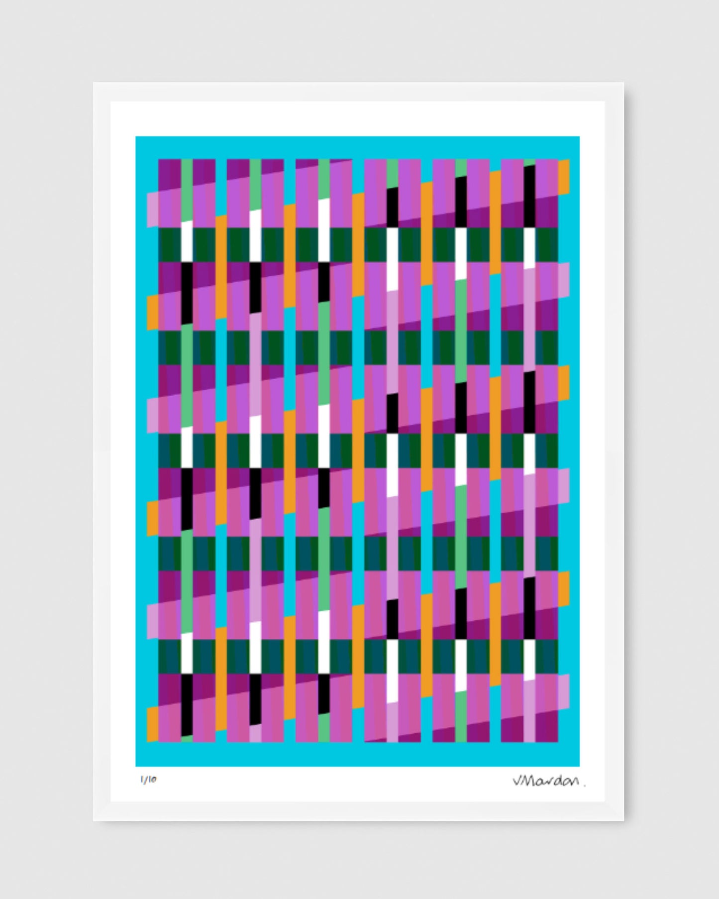 Blue geometric abstract giclée print by Victoria Mardon in a white frame displayed on a white wall