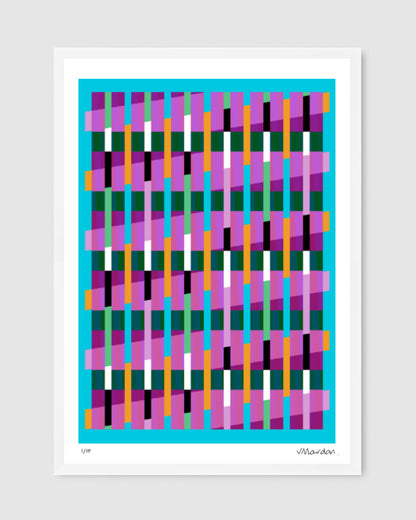 Blue geometric abstract giclée print by Victoria Mardon in a white frame displayed on a white wall