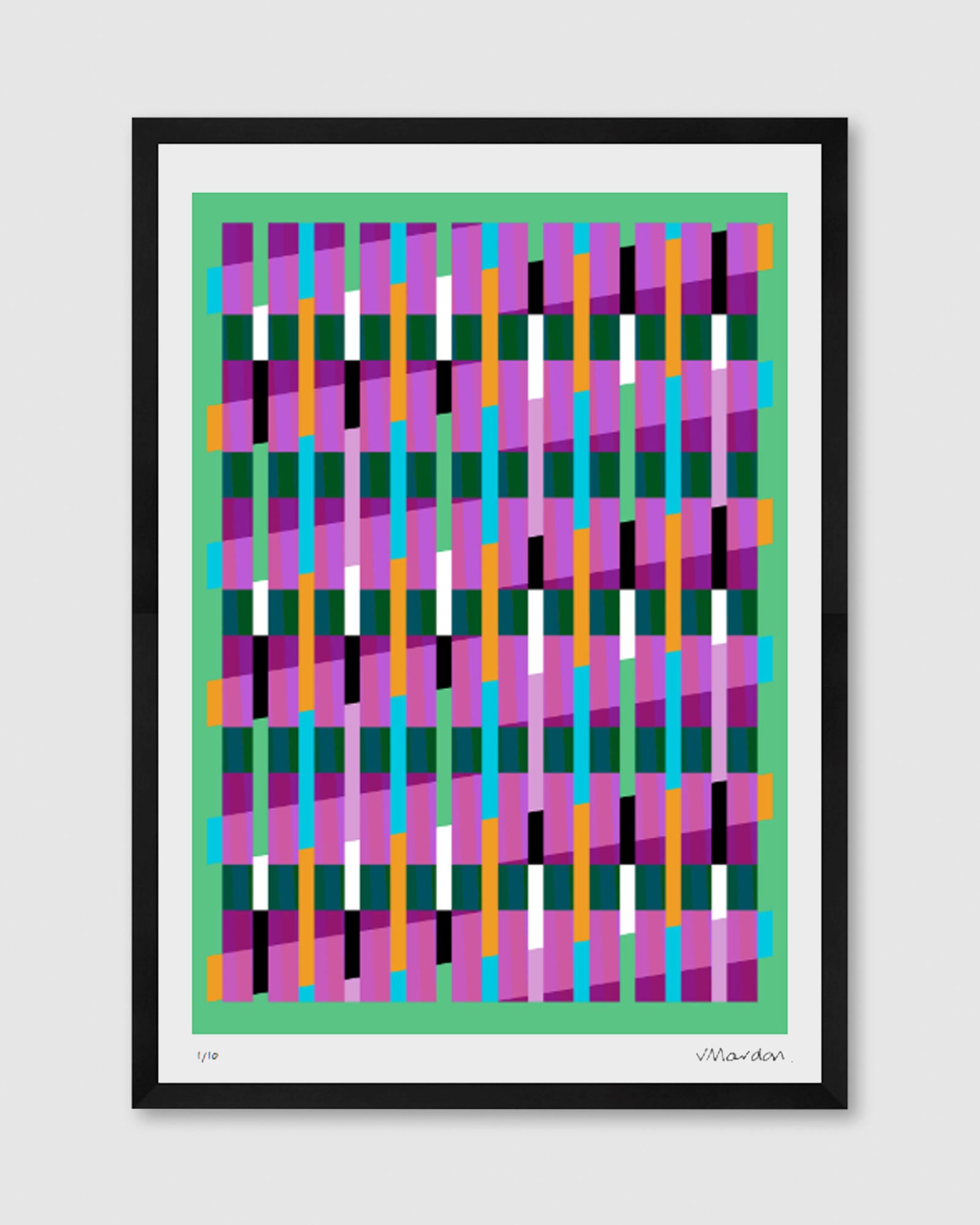 Green geometric abstract giclée print by Victoria Mardon in a black frame displayed on a white wall