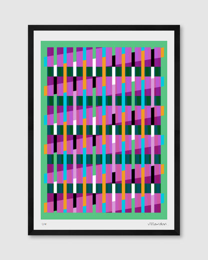 Green geometric abstract giclée print by Victoria Mardon in a black frame displayed on a white wall