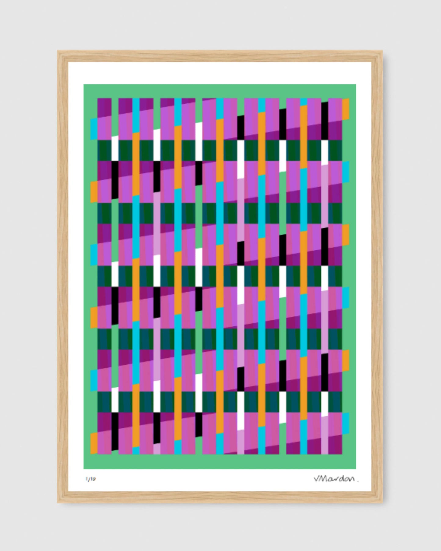 Green geometric abstract giclée print by Victoria Mardon in an oak frame displayed on a white wall